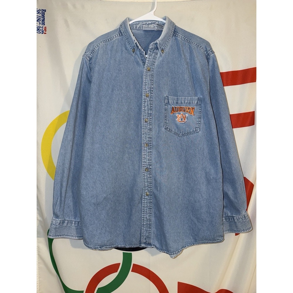 Vintage Red Oak Auburn Tigers Denim Button Up Shirt Large Football 90s